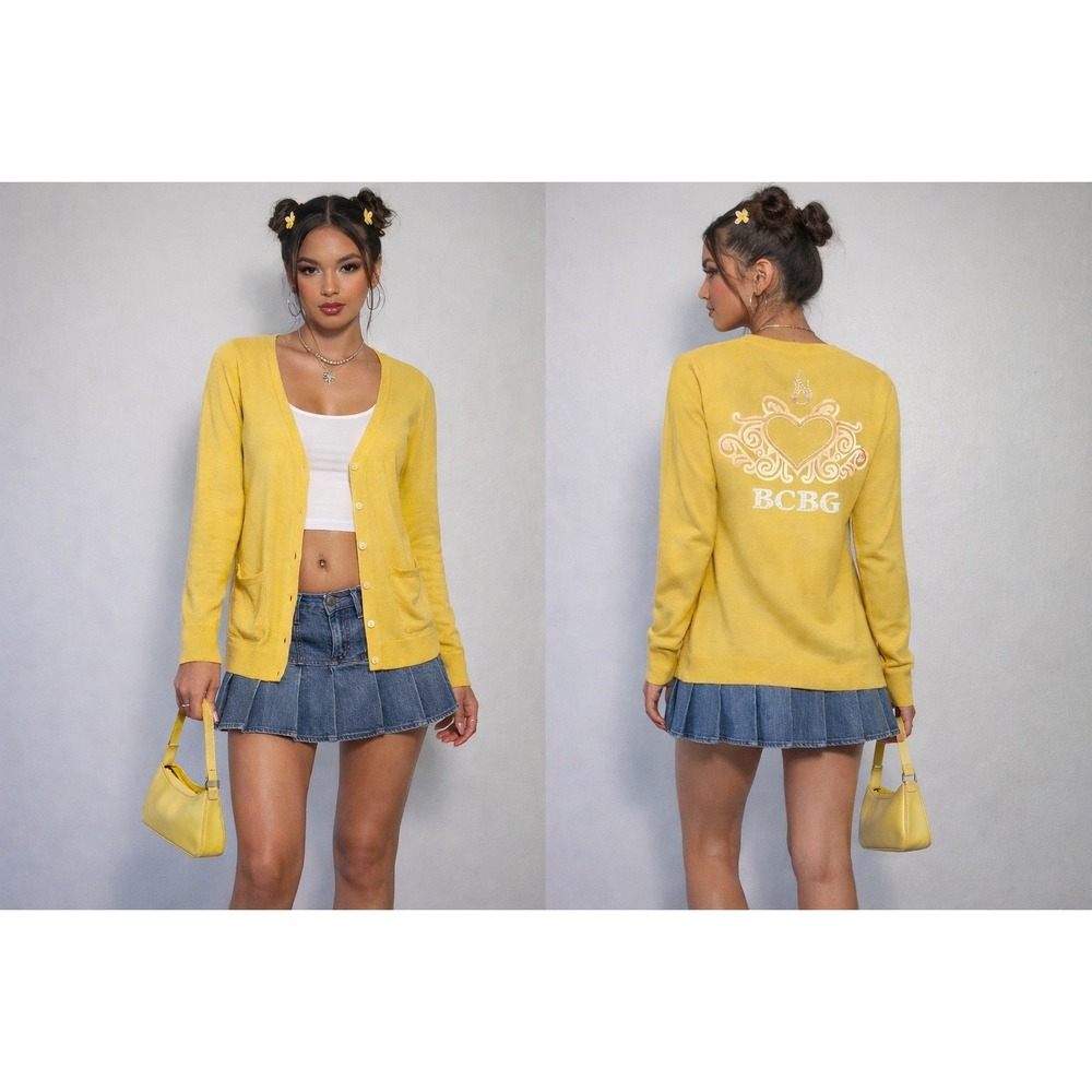 BCBG‎ Max Azria Yellow Longline Cardigan Y2K Lightweight Button Front Small